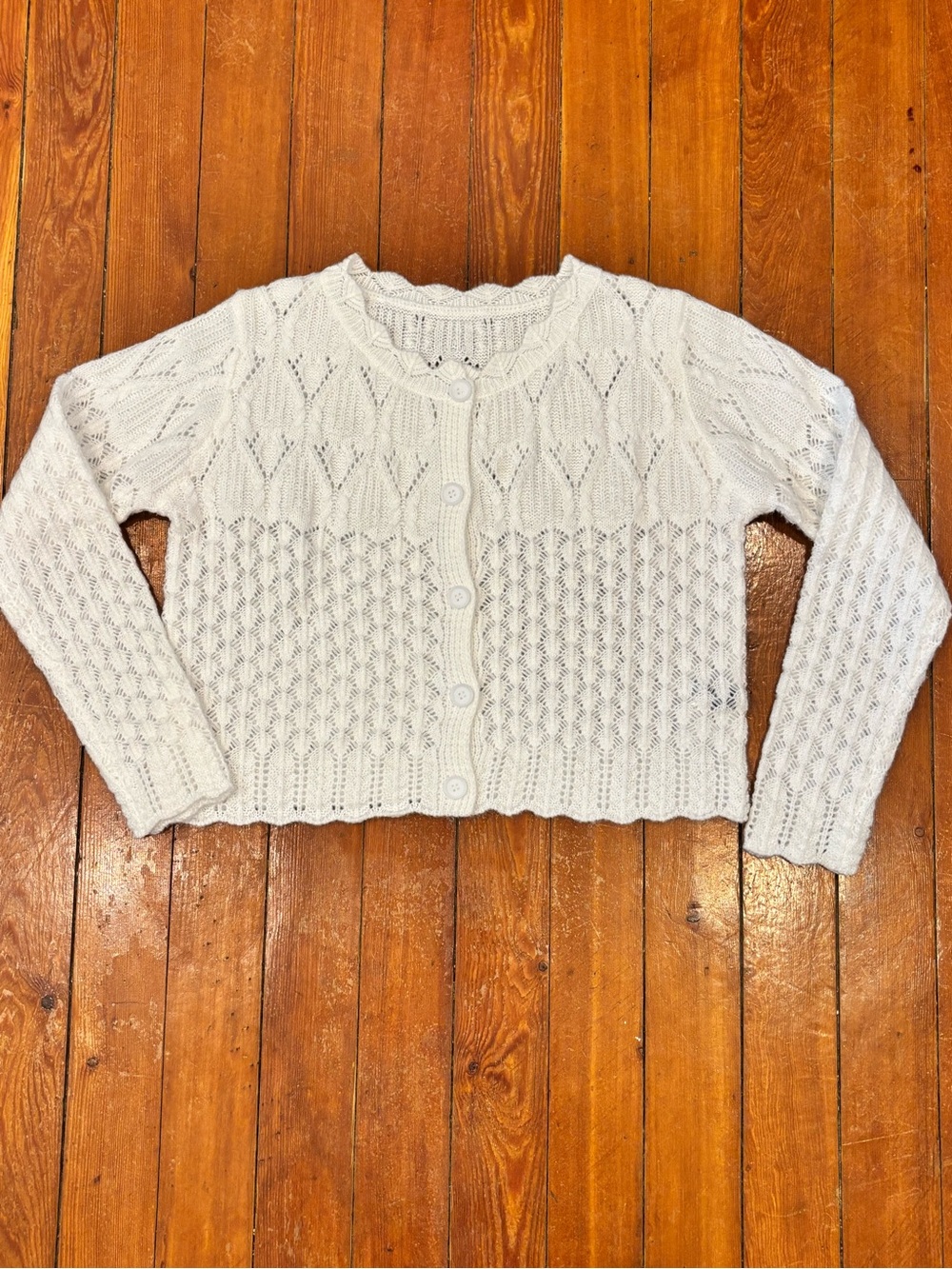 White Lace Knit Cardigan Cropped Button Front Romantic Cottagecore Coquette L - Picture 4 of 9